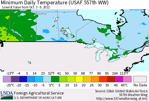 Canada Minimum Daily Temperature (USAF 557th WW) Thematic Map For 10/3/2022 - 10/9/2022