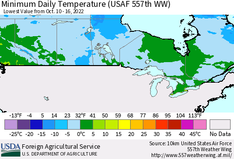 Canada Minimum Daily Temperature (USAF 557th WW) Thematic Map For 10/10/2022 - 10/16/2022