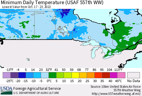 Canada Minimum Daily Temperature (USAF 557th WW) Thematic Map For 10/17/2022 - 10/23/2022