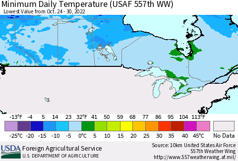 Canada Minimum Daily Temperature (USAF 557th WW) Thematic Map For 10/24/2022 - 10/30/2022