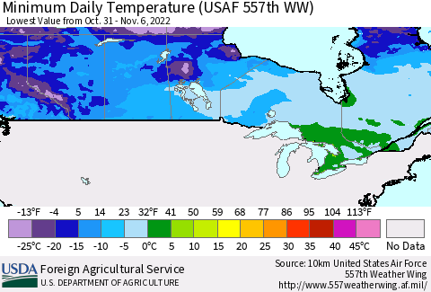 Canada Minimum Daily Temperature (USAF 557th WW) Thematic Map For 10/31/2022 - 11/6/2022