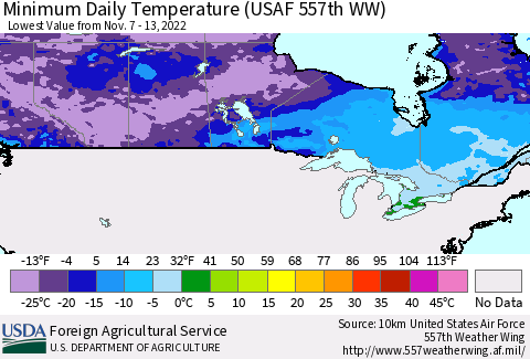 Canada Minimum Daily Temperature (USAF 557th WW) Thematic Map For 11/7/2022 - 11/13/2022