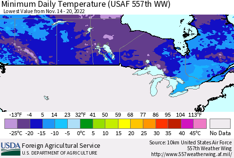Canada Minimum Daily Temperature (USAF 557th WW) Thematic Map For 11/14/2022 - 11/20/2022