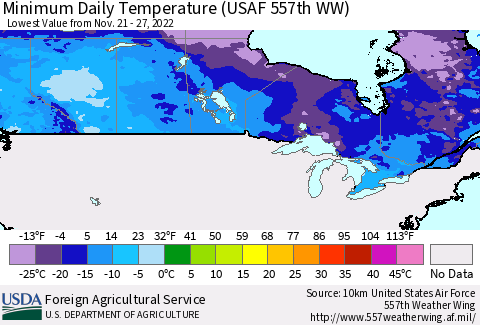 Canada Minimum Daily Temperature (USAF 557th WW) Thematic Map For 11/21/2022 - 11/27/2022