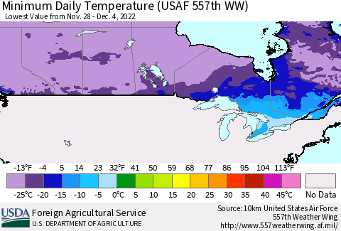 Canada Minimum Daily Temperature (USAF 557th WW) Thematic Map For 11/28/2022 - 12/4/2022