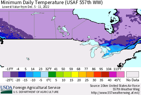 Canada Minimum Daily Temperature (USAF 557th WW) Thematic Map For 12/5/2022 - 12/11/2022