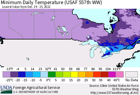 Canada Minimum Daily Temperature (USAF 557th WW) Thematic Map For 12/19/2022 - 12/25/2022