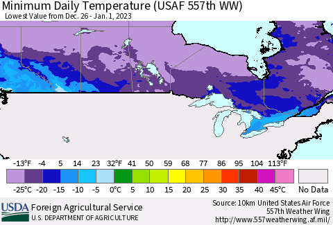 Canada Minimum Daily Temperature (USAF 557th WW) Thematic Map For 12/26/2022 - 1/1/2023