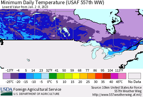 Canada Minimum Daily Temperature (USAF 557th WW) Thematic Map For 1/2/2023 - 1/8/2023