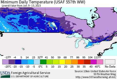 Canada Minimum Daily Temperature (USAF 557th WW) Thematic Map For 1/9/2023 - 1/15/2023