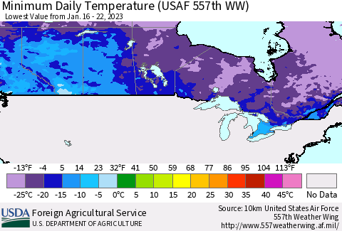 Canada Minimum Daily Temperature (USAF 557th WW) Thematic Map For 1/16/2023 - 1/22/2023