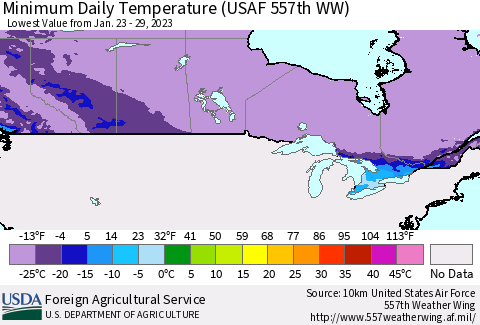 Canada Minimum Daily Temperature (USAF 557th WW) Thematic Map For 1/23/2023 - 1/29/2023