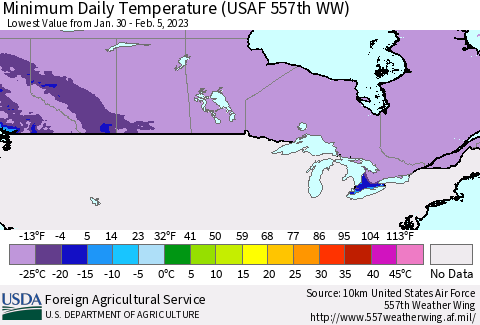 Canada Minimum Daily Temperature (USAF 557th WW) Thematic Map For 1/30/2023 - 2/5/2023