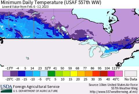 Canada Minimum Daily Temperature (USAF 557th WW) Thematic Map For 2/6/2023 - 2/12/2023
