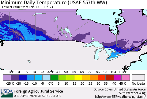 Canada Minimum Daily Temperature (USAF 557th WW) Thematic Map For 2/13/2023 - 2/19/2023
