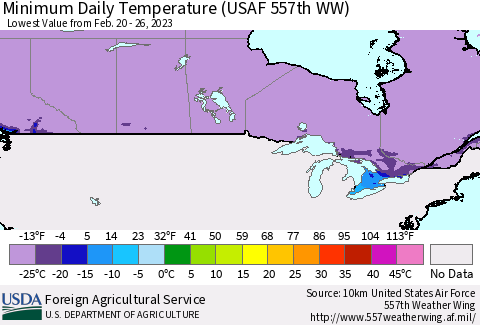 Canada Minimum Daily Temperature (USAF 557th WW) Thematic Map For 2/20/2023 - 2/26/2023