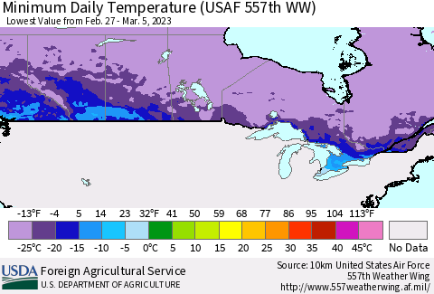 Canada Minimum Daily Temperature (USAF 557th WW) Thematic Map For 2/27/2023 - 3/5/2023