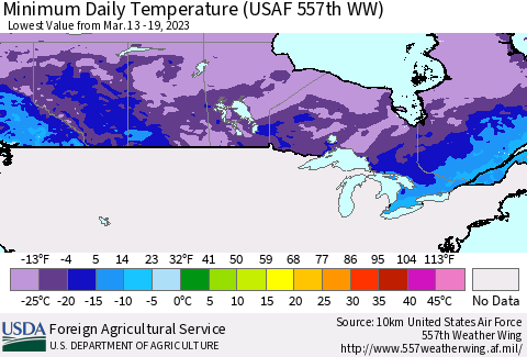 Canada Minimum Daily Temperature (USAF 557th WW) Thematic Map For 3/13/2023 - 3/19/2023