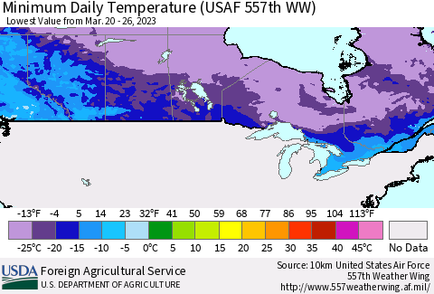 Canada Minimum Daily Temperature (USAF 557th WW) Thematic Map For 3/20/2023 - 3/26/2023