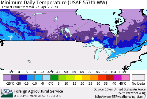 Canada Minimum Daily Temperature (USAF 557th WW) Thematic Map For 3/27/2023 - 4/2/2023