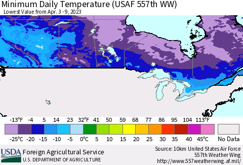 Canada Minimum Daily Temperature (USAF 557th WW) Thematic Map For 4/3/2023 - 4/9/2023