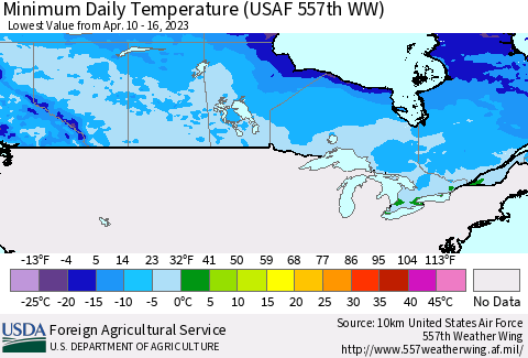 Canada Minimum Daily Temperature (USAF 557th WW) Thematic Map For 4/10/2023 - 4/16/2023