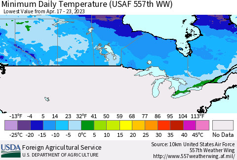 Canada Minimum Daily Temperature (USAF 557th WW) Thematic Map For 4/17/2023 - 4/23/2023