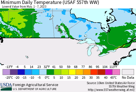Canada Minimum Daily Temperature (USAF 557th WW) Thematic Map For 5/1/2023 - 5/7/2023
