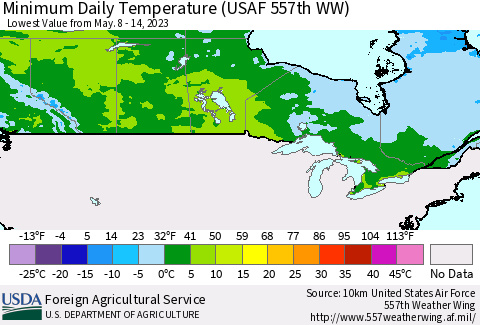Canada Minimum Daily Temperature (USAF 557th WW) Thematic Map For 5/8/2023 - 5/14/2023