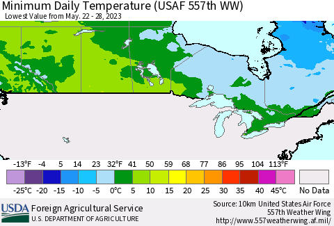 Canada Minimum Daily Temperature (USAF 557th WW) Thematic Map For 5/22/2023 - 5/28/2023