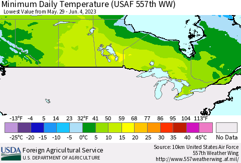 Canada Minimum Daily Temperature (USAF 557th WW) Thematic Map For 5/29/2023 - 6/4/2023
