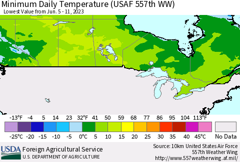 Canada Minimum Daily Temperature (USAF 557th WW) Thematic Map For 6/5/2023 - 6/11/2023