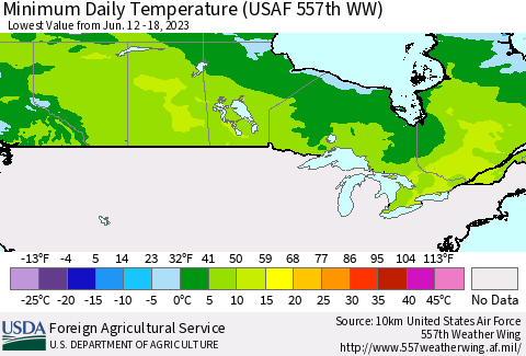 Canada Minimum Daily Temperature (USAF 557th WW) Thematic Map For 6/12/2023 - 6/18/2023
