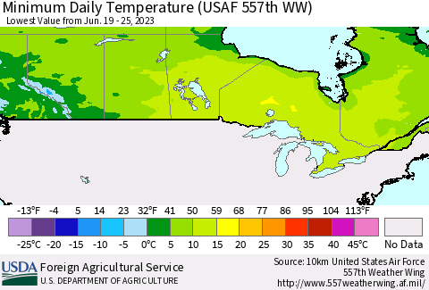 Canada Minimum Daily Temperature (USAF 557th WW) Thematic Map For 6/19/2023 - 6/25/2023