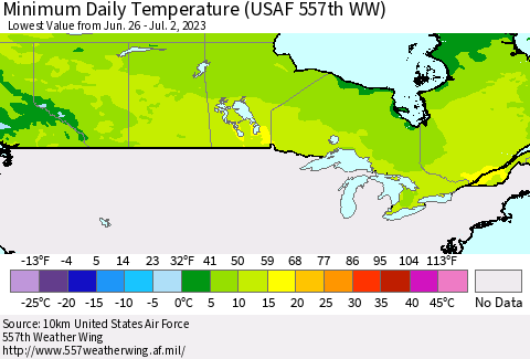 Canada Minimum Daily Temperature (USAF 557th WW) Thematic Map For 6/26/2023 - 7/2/2023