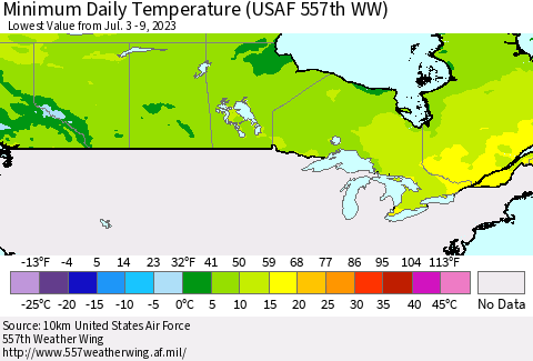 Canada Minimum Daily Temperature (USAF 557th WW) Thematic Map For 7/3/2023 - 7/9/2023
