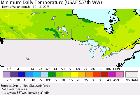 Canada Minimum Daily Temperature (USAF 557th WW) Thematic Map For 7/10/2023 - 7/16/2023