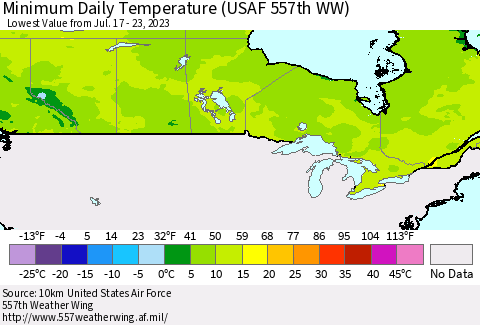 Canada Minimum Daily Temperature (USAF 557th WW) Thematic Map For 7/17/2023 - 7/23/2023