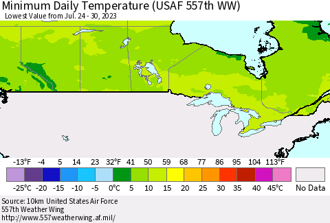 Canada Minimum Daily Temperature (USAF 557th WW) Thematic Map For 7/24/2023 - 7/30/2023