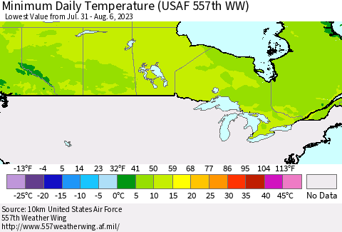 Canada Minimum Daily Temperature (USAF 557th WW) Thematic Map For 7/31/2023 - 8/6/2023