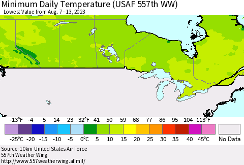 Canada Minimum Daily Temperature (USAF 557th WW) Thematic Map For 8/7/2023 - 8/13/2023