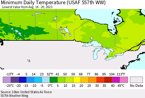 Canada Minimum Daily Temperature (USAF 557th WW) Thematic Map For 8/14/2023 - 8/20/2023