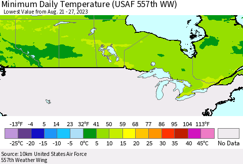 Canada Minimum Daily Temperature (USAF 557th WW) Thematic Map For 8/21/2023 - 8/27/2023