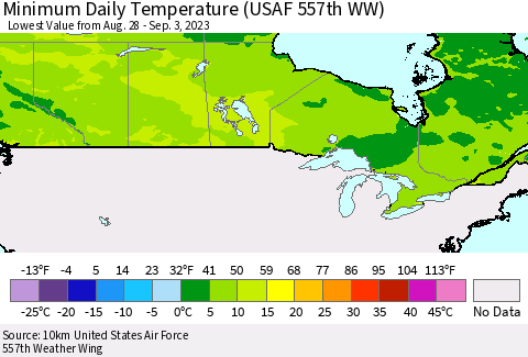 Canada Minimum Daily Temperature (USAF 557th WW) Thematic Map For 8/28/2023 - 9/3/2023
