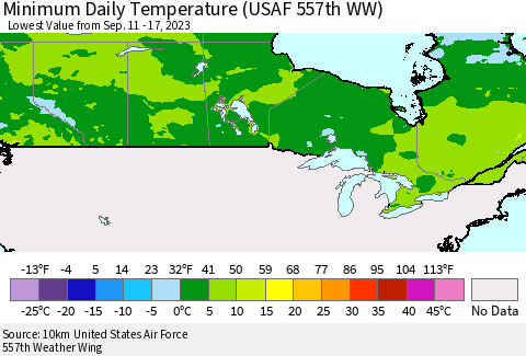 Canada Minimum Daily Temperature (USAF 557th WW) Thematic Map For 9/11/2023 - 9/17/2023