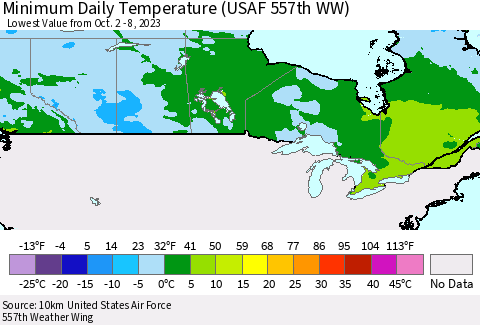 Canada Minimum Daily Temperature (USAF 557th WW) Thematic Map For 10/2/2023 - 10/8/2023