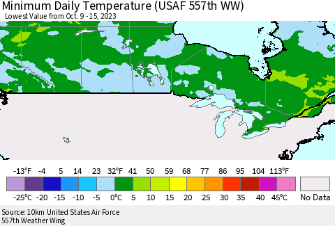 Canada Minimum Daily Temperature (USAF 557th WW) Thematic Map For 10/9/2023 - 10/15/2023