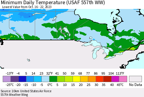 Canada Minimum Daily Temperature (USAF 557th WW) Thematic Map For 10/16/2023 - 10/22/2023