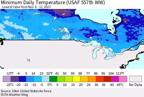 Canada Minimum Daily Temperature (USAF 557th WW) Thematic Map For 11/6/2023 - 11/12/2023