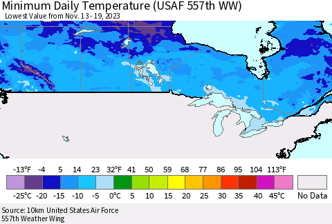 Canada Minimum Daily Temperature (USAF 557th WW) Thematic Map For 11/13/2023 - 11/19/2023